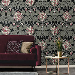 Galerie Wallcoverings Product Code ET12110 - Arts and Crafts Wallpaper Collection - Olive Pink Beige White Black Colours - Floral Hydrangea Design