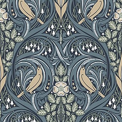 Galerie Wallcoverings Product Code ET12212 - Arts and Crafts Wallpaper Collection - Blue Olive Beige Colours - Bird Scroll Design