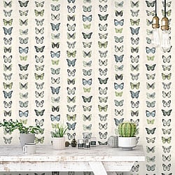 Galerie Wallcoverings Product Code G67994 - Organic Textures Wallpaper Collection - Blue Beige Green Colours - Jewel Butterflies Stripe Design