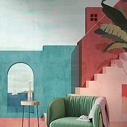 Galerie Wallcoverings Product Code WH45255M - Welcome Home Murals Wallpaper Collection - Blue, Green, Pink Colours - Sunset Coastal Steps Design